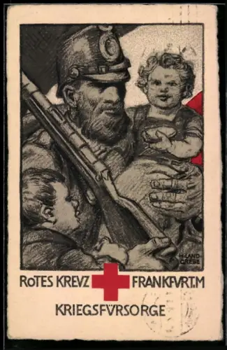 Künstler-AK Frankfurt /M., Rotes Kreuz, Soldat mit zwei Kindern, Kriegsfürsorge