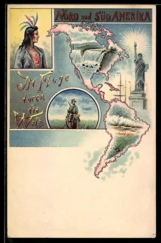 AK Nord und Südamerika, Im Fluge durch die Welt, Indianer mit Federschmuck und Cowboy