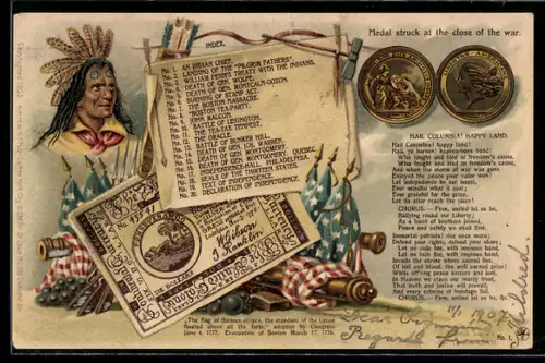 Lithographie Medal struck at the close of the war. Indianer, Geldmünzen & Schein