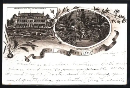 Lithographie Frankfurt-Westend, Restaurant im Palmengarten, Palmenhaus, Palmengarten, 1886