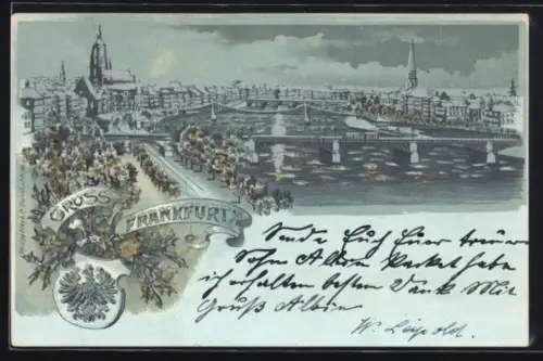 Mondschein-Lithographie Frankfurt a. M., Ortsansicht, Brücke, Kirchturm