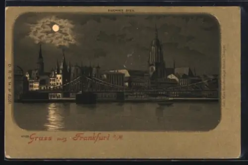 Lithographie Alt-Frankfurt, Eiserner Steg, Brücke, Kirchturm