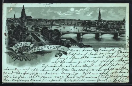 Mondschein-Lithographie Frankfurt a. M., Ortsansicht, Brücke, Kirchturm
