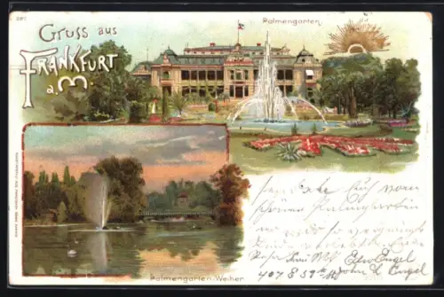 Sonnenschein-AK Frankfurt-Westend, Palmengarten, Weiher, Springbrunnen