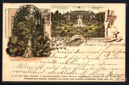 Lithographie Frankfurt-Westend, Palmengarten mit Springbrunnen und Palmenhaus