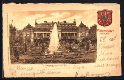 Lithographie Frankfurt-Westend, Palmengarten, Brunnen, Haupthaus