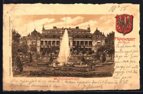 Lithographie Frankfurt-Westend, Palmengarten, Springbrunnen, Gebäude