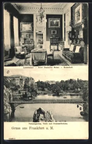 AK Frankfurt a. M., Hotel Deutscher Kaiser, Lesezimmer, Palmengarten, Drahtseilbrücke