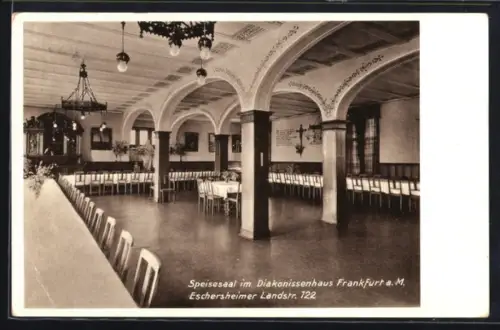 AK Frankfurt a. M., Diakonissenhaus, Speisesaal, Tische und Stühle, Säulen