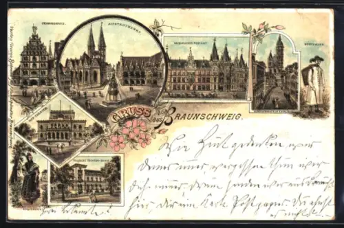 Lithographie Braunschweig, Gewandhaus, Altstadtmarkt, Hof-Theater