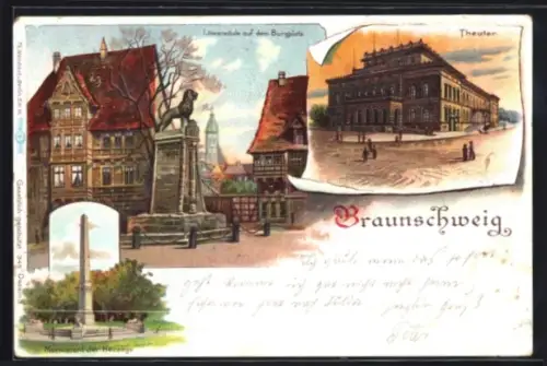 Lithographie Braunschweig, Löwensäule auf dem Burgplatz, Theater, Obelisk