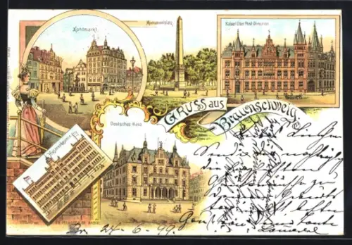 Lithographie Braunschweig, Deutsches Haus, Kohlmarkt, Husarenkaserne