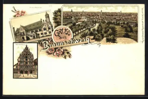 Lithographie Braunschweig, Ortsansicht und Gewandhaus