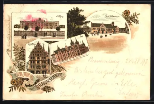 Lithographie Braunschweig, Schloss, Bahnhof, Rathaus