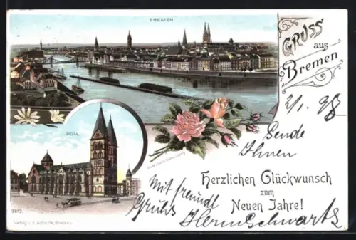 Lithographie Bremen, Dom, Stadtansicht, Blumenornament