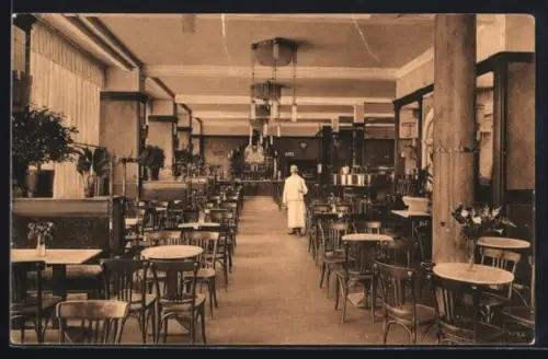 AK Frankfurt a. M., Café Corso in der Kaiserstrasse 66, Gastraum, Tische und Stühle, Kellner