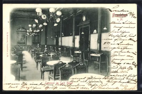 AK Frankfurt a. M., Café Bauer, Speisesaal, Tische und Stühle, Deckenlampen