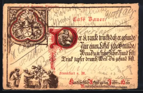 AK Frankfurt a. M., Café Bauer, Tischgesellschaft, Mann mit Krug, Ornamentales Wappen
