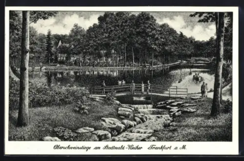 AK Frankfurt a. M., Gasthaus Oberschweinstiege, Inh. Max Blau, Partie am Stadtwald-Weiher
