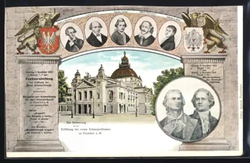 Lithographie Frankfurt a. M., Schauspielhauses mit Portrais von August v. Kotzebue und William Shakespeare