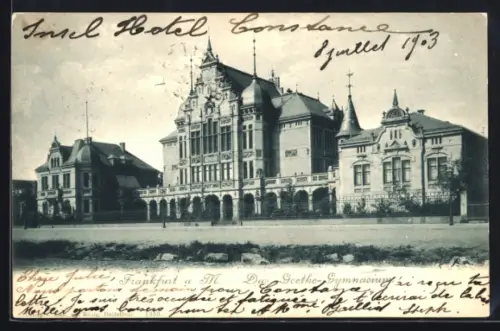AK Frankfurt-Westend, Goethe-Gymnasium mit Gartenanlagen, Aussenansicht