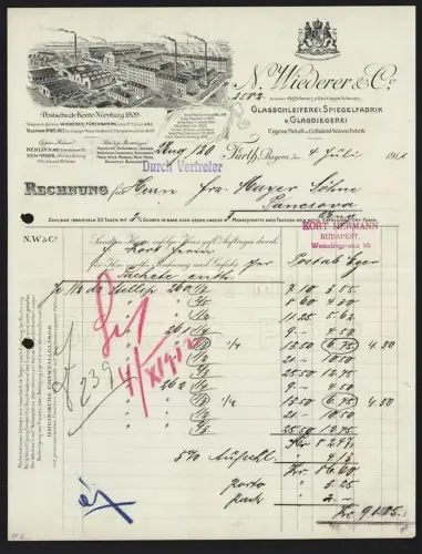 Rechnung Fürth /Bayern 1911, N. Wiederer & Co., Glasschleiferei, Spiegelfabrik und Glasbiegerei, Fabrken mit Umgebung