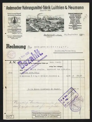 Rechnung Andernach a. Rhein 1926, Luithlen & Neumann, Nahrungsmittelfabrik, Fabrikanlage mit Schornstein