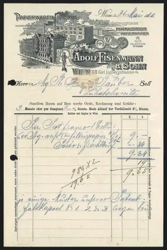 Rechnung Wien 1910, Adolf Eisenmann & Sohn, Pharmazeutische Papierwaren, Fabrik aus der Vogelschau