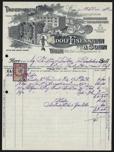 Rechnung Wien 1912, Adolf Eisenmann & Sohn, Pharmazeutische Papierwaren, Fabrikanlage aus der Vogelschau
