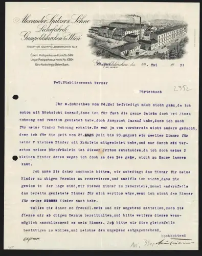 Briefkopf Gumpoldskirchen bei Wien 1921, Alexander Spitzer & Söhne, Lederfabrik, Fabrik mit Umgebung aus der Vogelschau
