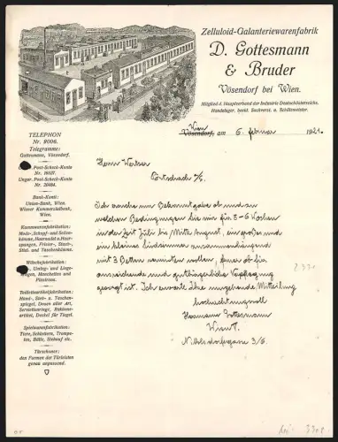 Briefkopf Wien 1921, D. Gottesmann & Bruder, Zelluloid-Galanteriewarenfabrik, Fabrik aus der Vogelschau