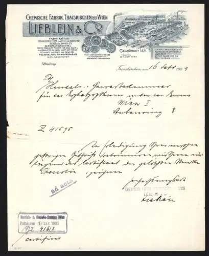 Briefkopf Traiskirchen bei Wien 1909, Lieblein & Co., Chemische Fabrik, Vogelschau auf Fabriken mit Schornstein