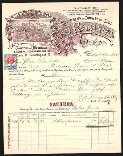 Rechnung Wien 1901, Josef Kowanitz, Reinigungsfabrik für Bettfedern u. Daunen, Fabrik mit Dampfanlage