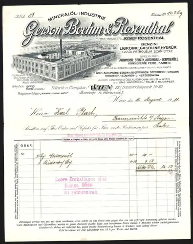 Rechnung Wien 1911, Gerson Boehm & Rosenthal, Mineralöl-Industrie, Gasöl, Petroleum, Vogelschau auf die Fabrik