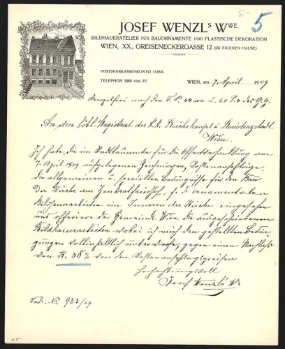 Briefkopf Wien 1909, Josef Wenzl`s Bildhaueratelier für Bauornamente, Atelier in der Aussenansicht