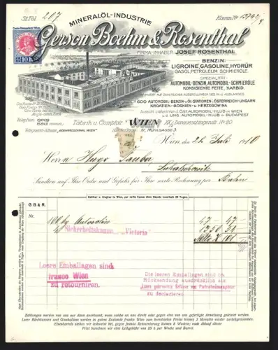 Rechnung Wien 1910, Gerson Boehm & Rosenthal, Mineralöl-Industrie, Fabrikanlage aus der Vogelschau