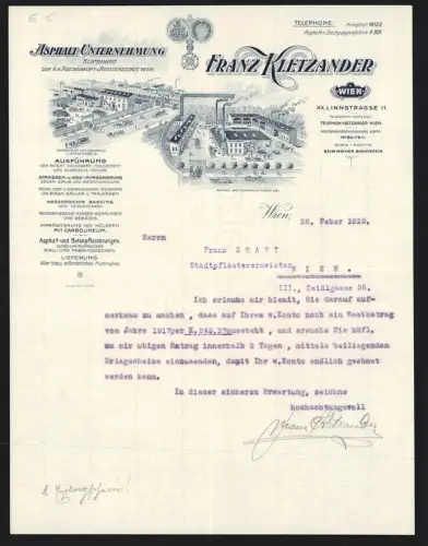 Briefkopf Wien 1919, Franz Kletzander, Asphalt-Unternehmung, Innstrasse 11, Fabrik aus der Vogelschau