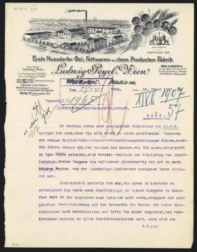 Briefkopf Wien 1907, Ludwig Peyrl, Oel-, Fettwaren- u. chem. Produkt-Fabrik, Fabrik mit Schornstein, Aussenansicht