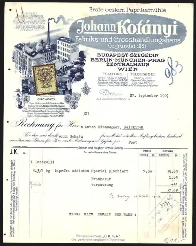 Rechnung Wien 1927, Johann Kotányi, Fabriks- und Grosshandelshaus, Fabrik aus der Vogelschau mit Umgebung