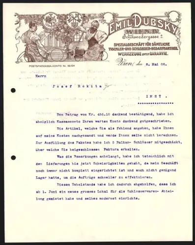 Briefkopf Wien 1908, Emil Dubsky, Tischler- und Schlosser-Bedarfsartikel, Schikanedergasse 2, Handwerker bei der Arbeit