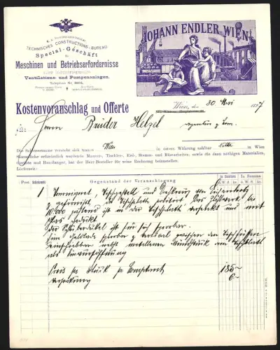 Rechnung Wien 1897, Johann Endler, Geschäft für Maschinen und Betriebserfordernisse, Frau mit Kindern bei der Fabrik