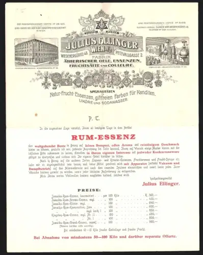 Briefkopf Wien, Julius Ellinger, Fabrik für ätherische Öle und Fruchtsäfte, Wiedenergürtel 48, Komptoir und Magazine