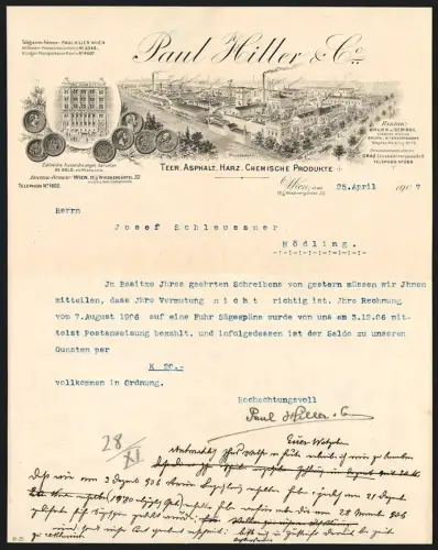 Briefkopf Wien 1907, Paul Hiller & Co., Teer, Asphalt, Harz und chemische Produkte, Fabrik aus der Vogelschau