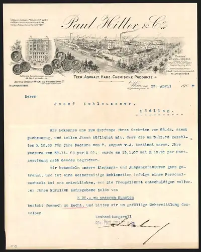 Briefkopf Wien 1907, Paul Hiller & Co., Fabrik für Teer, Asphalt und Harz, Fabrikanlage mit Grünanlagen