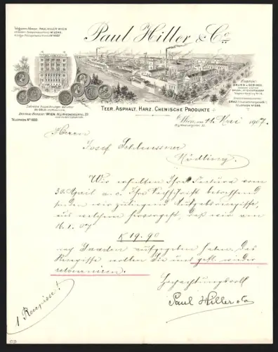 Briefkopf Wien 1907, Paul Hiller & Co., Teer, Asphalt und Harz, Fabrikanlage mit Grünanlagen