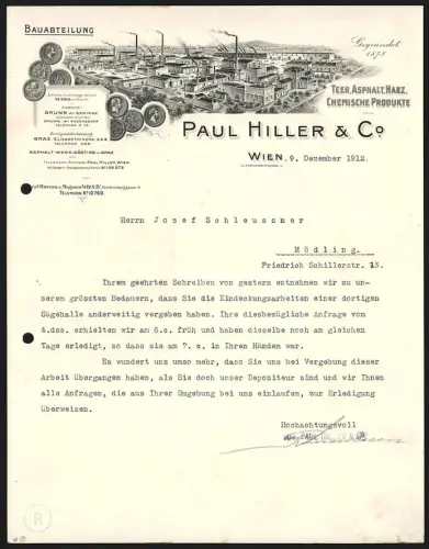 Briefkopf Wien 1912, Paul Hiller & Co., Teer, Asphalt, Harz, Fabrikanlage mit Umgebung