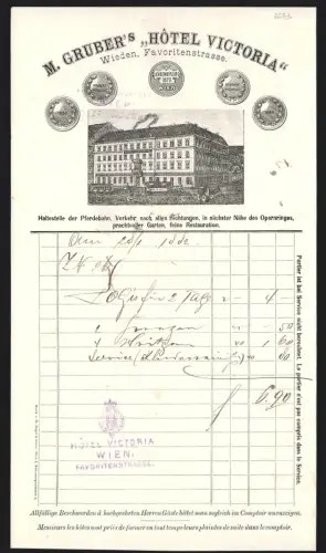 Rechnung Wien, Wieden, M. Gruber, Hôtel Victoria in der Favoritenstrasse, Aussenansicht vor dem Hotel