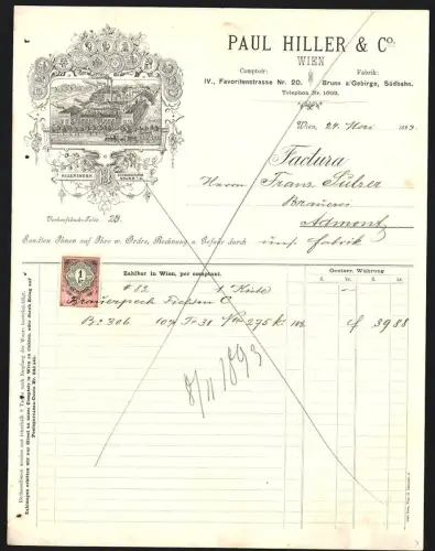 Rechnung Wien 1893, Paul Hiller & Co., Hillerswerk, Fabrikanlage aus der Vogelschau