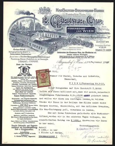Briefkopf Wien 1922, R. Gärtner & Comp., Kautschuk-Stampiglien, Fabrik, Vogelschau auf die Fabrik und Umgebung