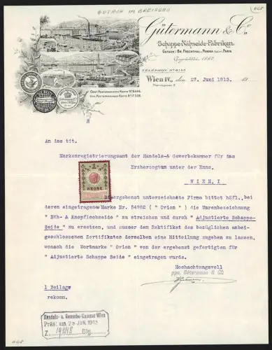 Briefkopf Wien 1913, Gütermann & Co., Schappe-Nähseide-Fabriken, Verschiedene Fabriken aus der Vogelschau